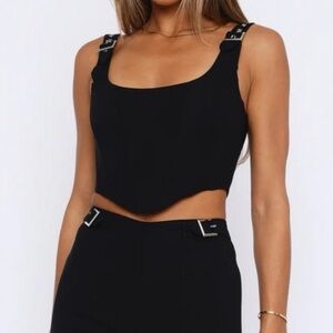 White Fox Black Corset Top with Buckle Straps